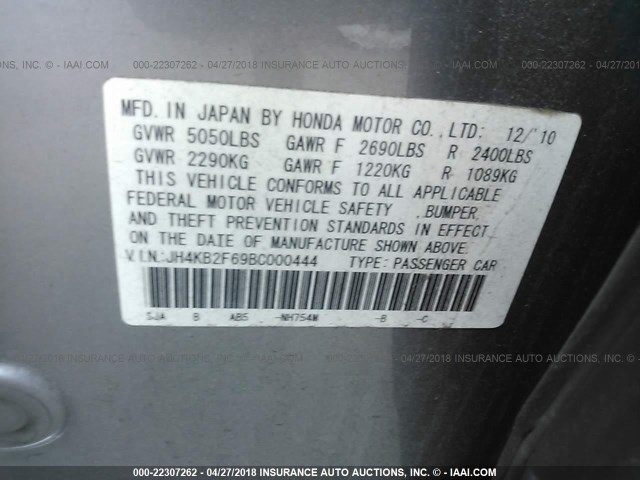 JH4KB2F69BC000444 - 2011 ACURA RL Boz foto 9