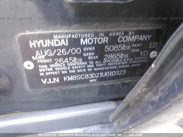 KM8SC83D21U010323 - 2001 HYUNDAI SANTA FE GLS/LX BLACK photo 9