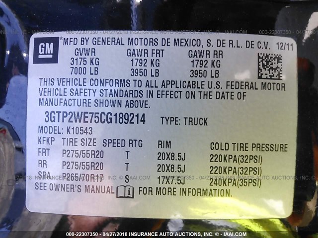 3GTP2WE75CG189214 - 2012 GMC SIERRA K1500 SLT BLACK photo 9