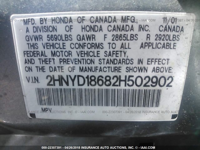 2HNYD18682H502902 - 2002 ACURA MDX TOURING GRAY photo 9