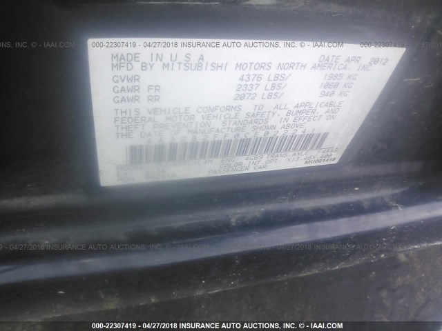 4A32B2FF0CE022241 - 2012 MITSUBISHI GALANT FE BLACK photo 9