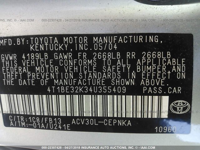 4T1BE32K34U355409 - 2004 TOYOTA CAMRY LE/XLE/SE 银色 照片 9