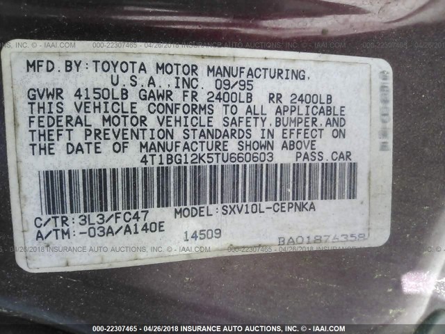 4T1BG12K5TU660603 - 1996 TOYOTA CAMRY DX/LE/XLE BURGUNDY photo 9