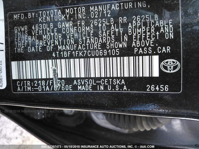4T1BF1FK7CU069105 - 2012 TOYOTA CAMRY SE/LE/XLE BLACK photo 9