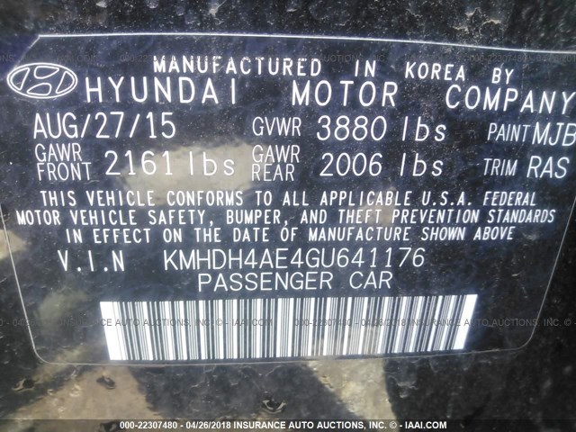 KMHDH4AE4GU641176 - 2016 HYUNDAI ELANTRA SE/SPORT/LIMITED BLACK photo 9