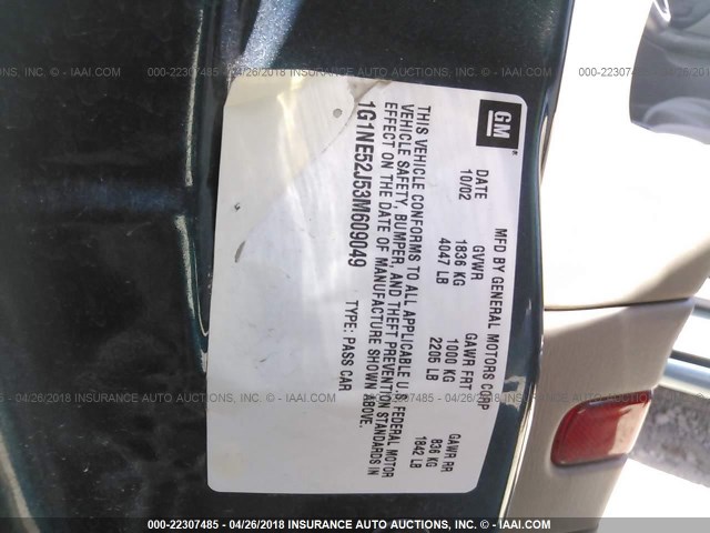 1G1NE52J53M609049 - 2003 CHEVROLET MALIBU LS BLUE photo 9