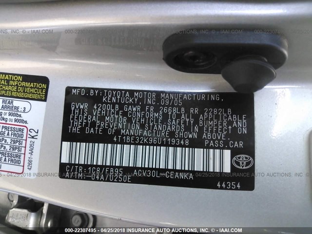 4T1BE32K96U119348 - 2006 TOYOTA CAMRY LE/XLE/SE ვერცხლისფერი ფოტო 9
