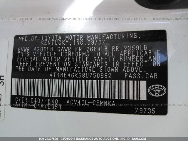 4T1BE46K68U750982 - 2008 TOYOTA CAMRY CE/LE/XLE/SE WHITE photo 9