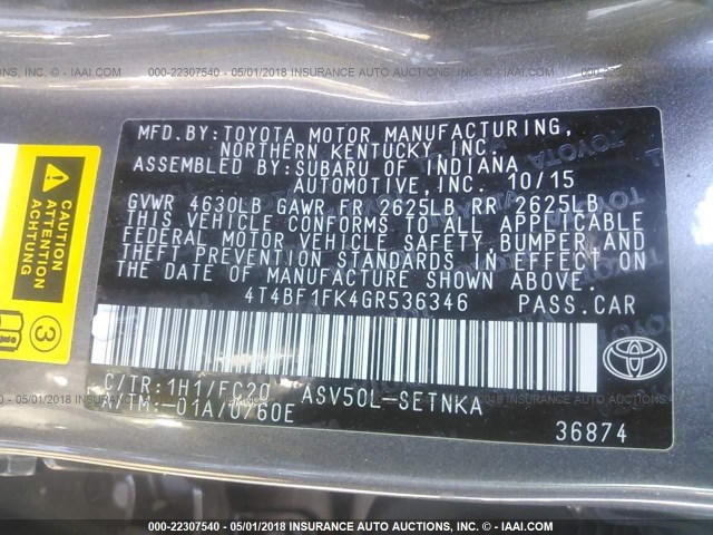 4T4BF1FK4GR536346 - 2016 TOYOTA CAMRY LE/XLE/SE/XSE GRAY photo 9