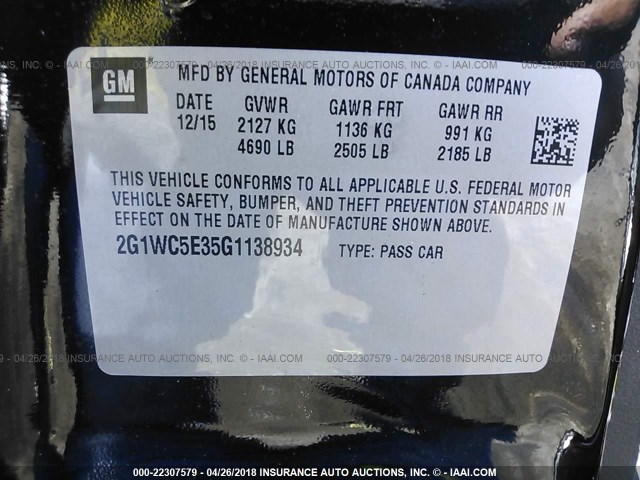 2G1WC5E35G1138934 - 2016 CHEVROLET IMPALA LIMITED LTZ BLACK photo 9