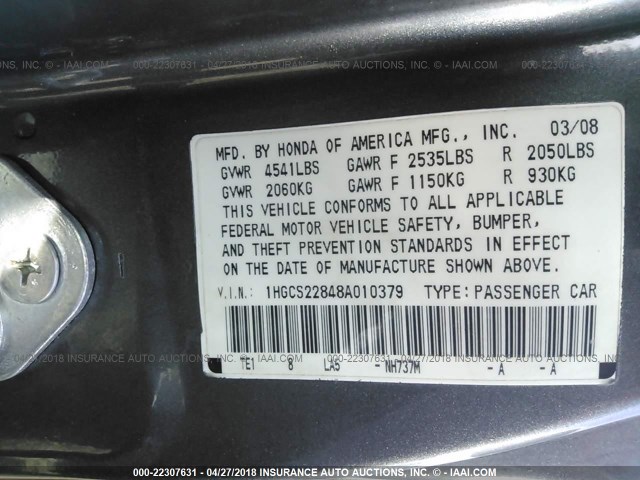 1HGCS22848A010379 - 2008 HONDA ACCORD EXL GRAY photo 9