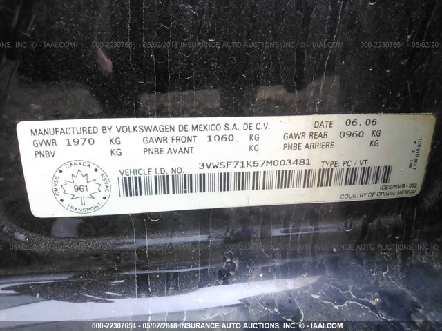 3VWSF71K57M003481 - 2007 VOLKSWAGEN JETTA 2.5 OPTION PACKAGE 1 BLACK photo 9