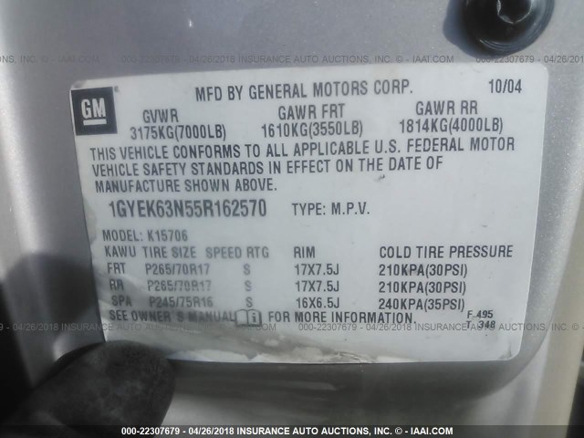 1GYEK63N55R162570 - 2005 CADILLAC ESCALADE LUXURY Boz foto 9