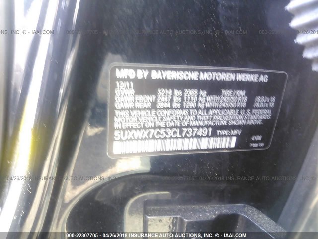 5UXWX7C53CL737491 - 2012 BMW X3 XDRIVE35I BLACK photo 9