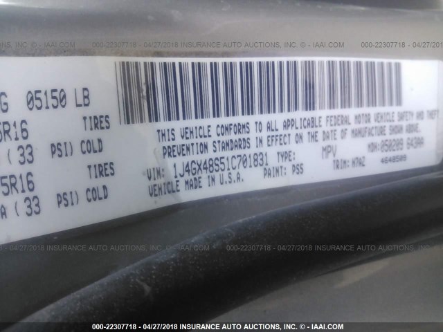 1J4GX48S51C701831 - 2001 JEEP GRAND CHEROKEE LAREDO Pewter photo 9