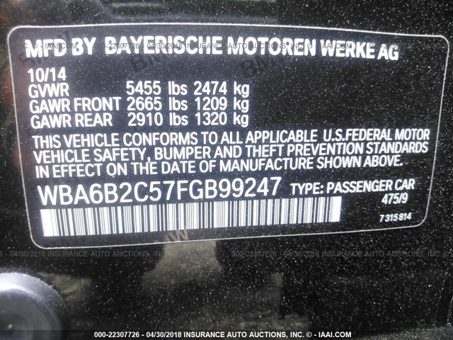 WBA6B2C57FGB99247 - 2015 BMW 650 I/GRAN COUPE BLACK photo 9