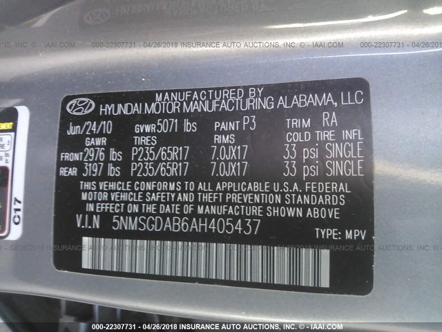 5NMSGDAB6AH405437 - 2010 HYUNDAI SANTA FE GLS GRAY photo 9