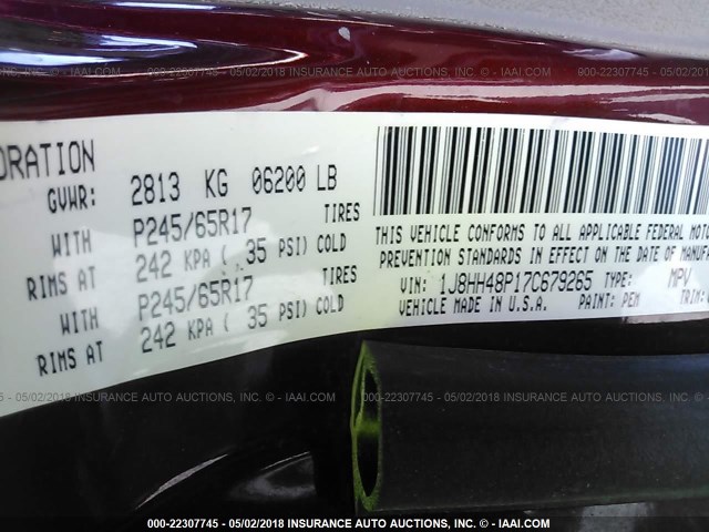 1J8HH48P17C679265 - 2007 JEEP COMMANDER BURGUNDY photo 9