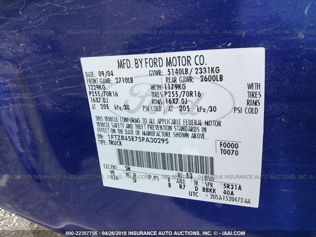 1FTZR45E75PA30295 - 2005 FORD RANGER SUPER CAB BLUE photo 9