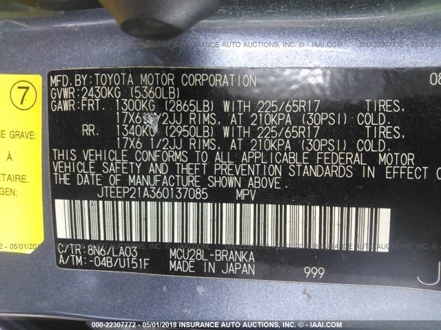 JTEEP21A360137085 - 2006 TOYOTA HIGHLANDER LIMITED BLUE photo 9