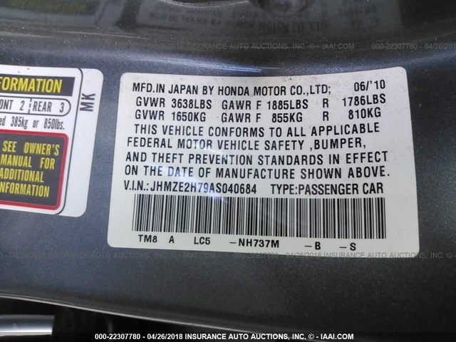 JHMZE2H79AS040684 - 2010 HONDA INSIGHT EX GRAY photo 9