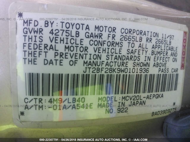JT2BF28K9W0101936 - 1998 TOYOTA CAMRY LE/XLE GOLD photo 9
