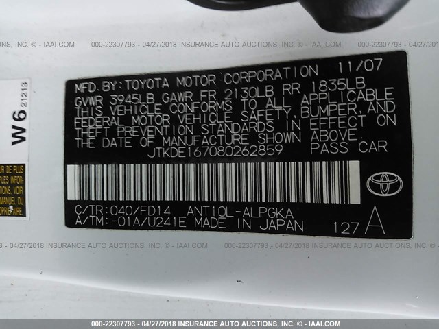 JTKDE167080262859 - 2008 TOYOTA SCION TC 白色 照片 9