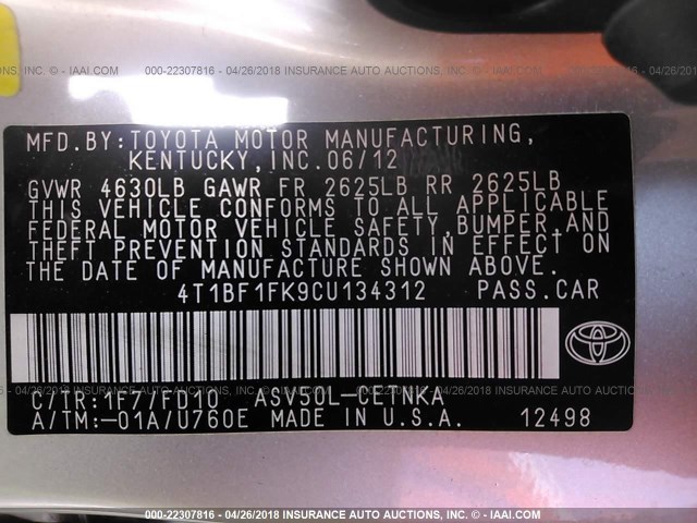 4T1BF1FK9CU134312 - 2012 TOYOTA CAMRY SE/LE/XLE SILVER photo 9