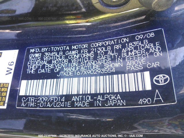 JTKDE167X90293554 - 2009 TOYOTA SCION TC 黑色 照片 9