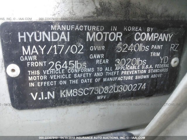 KM8SC73D32U300274 - 2002 HYUNDAI SANTA FE GLS/LX SILVER photo 9