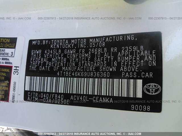 4T1BE46K69U836360 - 2009 TOYOTA CAMRY SE/LE/XLE WHITE photo 9