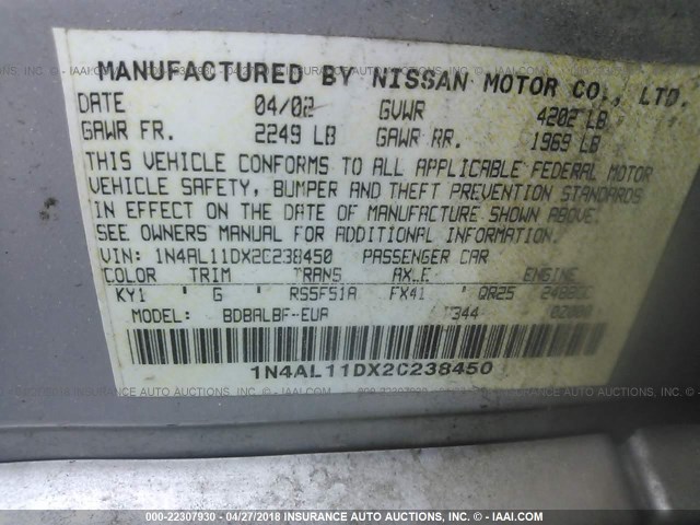 1N4AL11DX2C238450 - 2002 NISSAN ALTIMA S/SL SILVER photo 9