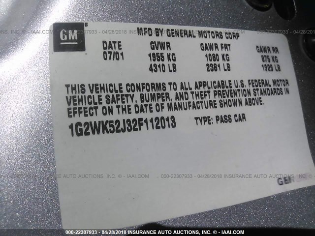 1G2WK52J32F112013 - 2002 PONTIAC GRAND PRIX SE 灰色 照片 9