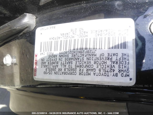 JT2BF28K0X0216099 - 1999 TOYOTA CAMRY LE/XLE BLACK photo 9