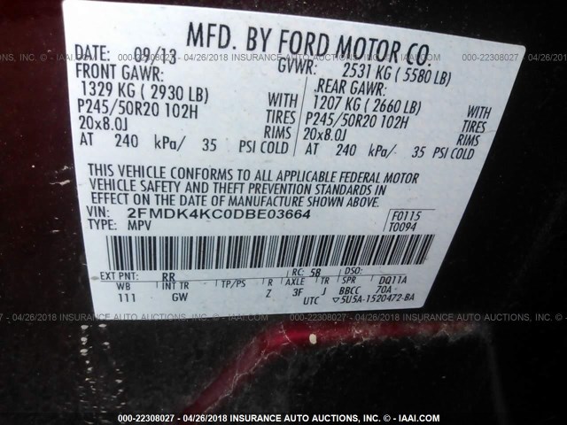 2FMDK4KC0DBE03664 - 2013 FORD EDGE LIMITED MAROON photo 9