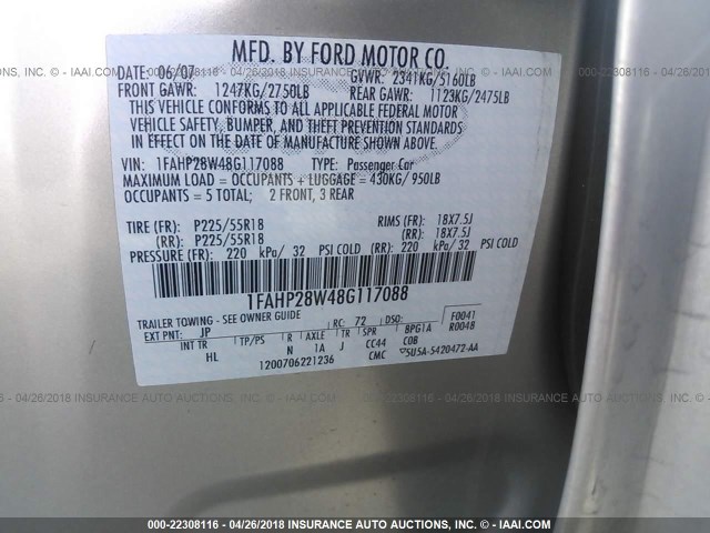 1FAHP28W48G117088 - 2008 FORD TAURUS LIMITED TAN photo 9