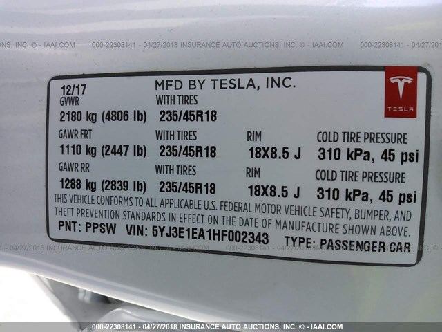 5YJ3E1EA1HF002343 - 2017 TESLA MODEL 3 თეთრი ფოტო 9