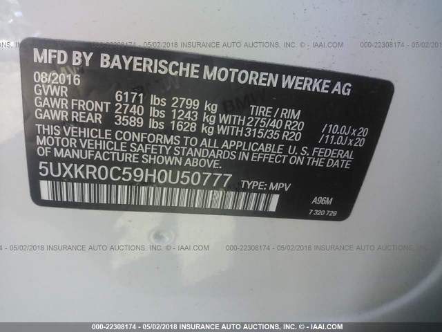 5UXKR0C59H0U50777 - 2017 BMW X5 XDRIVE35I WHITE photo 9
