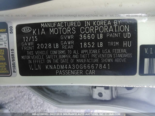 KNADM4A30G6667841 - 2016 KIA RIO LX WHITE photo 9