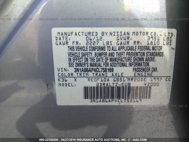 3N1AB6AP4CL758169 - 2012 NISSAN SENTRA 2.0/2.0S/SR/2.0SL GRAY photo 9