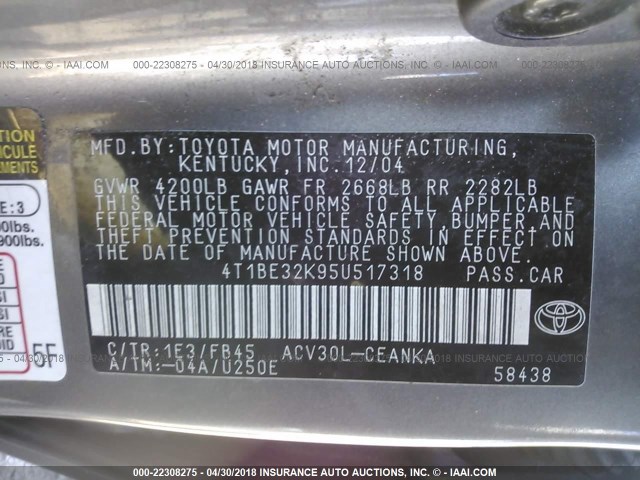 4T1BE32K95U517318 - 2005 TOYOTA CAMRY LE/XLE/SE ნაცრისფერი ფოტო 9