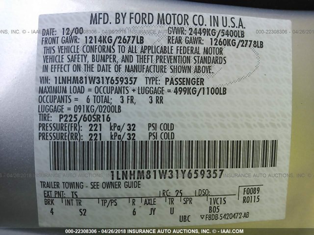 1LNHM81W31Y659357 - 2001 LINCOLN TOWN CAR EXECUTIVE SILVER photo 9