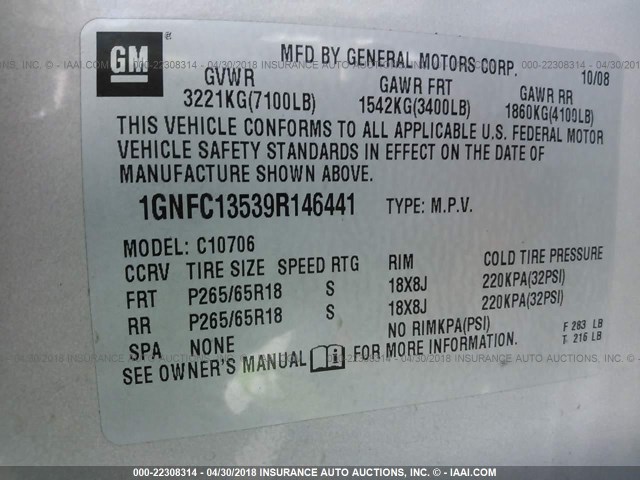 1GNFC13539R146441 - 2009 CHEVROLET TAHOE HYBRID SILVER photo 9