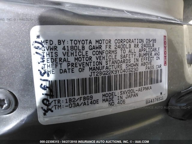 JT2BG22K9Y0405230 - 2000 TOYOTA CAMRY CE/LE/XLE 米色 照片 9