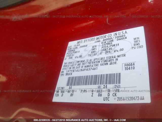 1FTYR14UX4PA57461 - 2004 FORD RANGER SUPER CAB RED photo 9