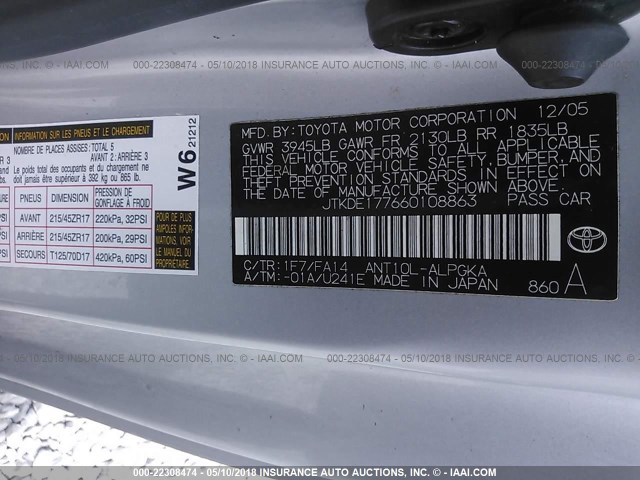 JTKDE177660108863 - 2006 TOYOTA SCION TC 银色 照片 9