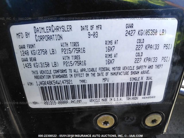 1J4GK48K54W147921 - 2004 JEEP LIBERTY SPORT 蓝色 照片 9