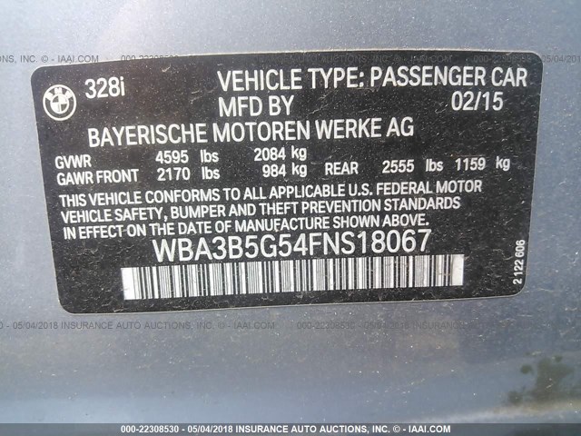 WBA3B5G54FNS18067 - 2015 BMW 328 XI SULEV BLUE photo 9