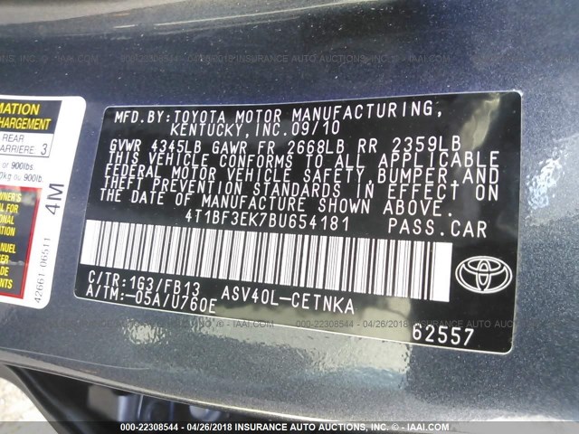 4T1BF3EK7BU654181 - 2011 TOYOTA CAMRY SE/LE/XLE GRAY photo 9