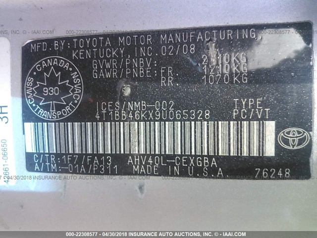 4T1BB46KX9U065328 - 2009 TOYOTA CAMRY HYBRID SILVER photo 9